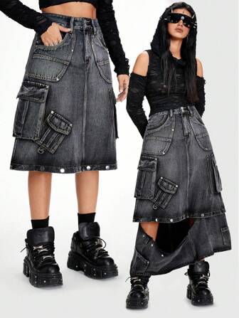 Grunge Punk Falda asimétrica con dobladillo de volantes desgastada de jean, estilo punk para mujer