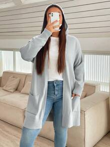 SHEIN Essnce Áo khoác cardigan dài màu xám có mũ trùm đầu cỡ lớn dành cho nữ có túi, giản dị và thời trang - Xám - Xem 5