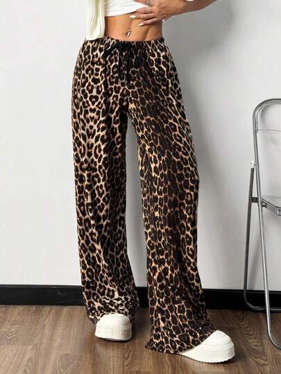 SHEIN EZwear Autumn New Leopard Print Drawstring Waist Casual Women's Long Pants Lounge Travel Brown