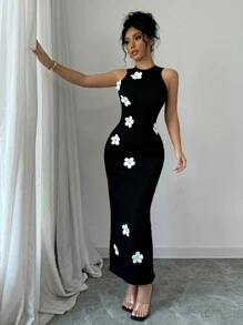 Rafferiza Women's 3D Floral Decor Round Neck Sleeveless Casual Dress Maxi Women Outfit