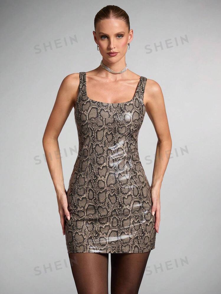 SHEIN BAE Women s Brown Snakeskin Print PU Leather Plunge Neck Fashion Mini Dress For Halloween Date Night Singles Party Night Out Party