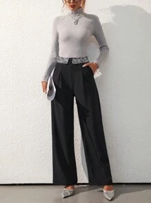 Femmeiva Celana Panjang Wanita Berpinggang Tinggi dengan Glitter dan Kaki Lebar, Motif Musim Gugur untuk Wanita - Hitam - View 4