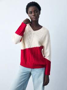 Maija Women's Colorblock V-Neck Drop Shoulder Casual Sweater, Red And White