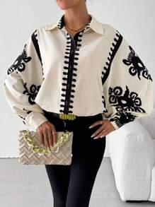 Chiquease 女士不对称复古花卉印花宽松灯笼袖蝙蝠领休闲衬衫，秋冬衬衫