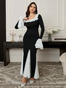 Modelyn Woman's Long Fitted Lace Panel Mermaid Dress - Black - View 6