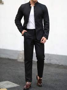 Manfinity Mode 2pcs Men's Casual Single-Breasted Solid Color Long Sleeve Blazer And Trousers Suit, Spring/Autumn - Black - View 5