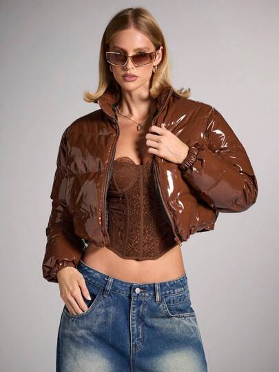 SHEIN BAE 女士纯色立领长袖短款休闲棉衣冬季镂空服装冬装冬季女外套秋季女装棕色皮衣短款外套加厚保暖适合外出