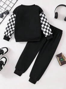 2 件套年轻男孩简约格子拼接长袖运动衫和纯黑色裤子套装 - 黑色 - 查看 2