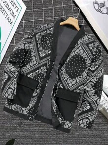 Manfinity Homme Men's Autumn/Winter All-Over Cashmere Flower Print Black Kimono Cardigan Jacket - Black - View 4