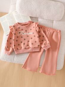 SHEIN 婴儿女孩杏色长袖长裤休闲装，秋季服装 - 粉色 - 查看 1