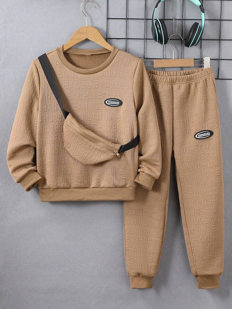 SHEIN Explorewe 3pcs/Set Tween Boy Letter Textures Sweatshirt, Sweatpants & Backpack Outfit (Can Be Sold Separately) - Khaki - View 1