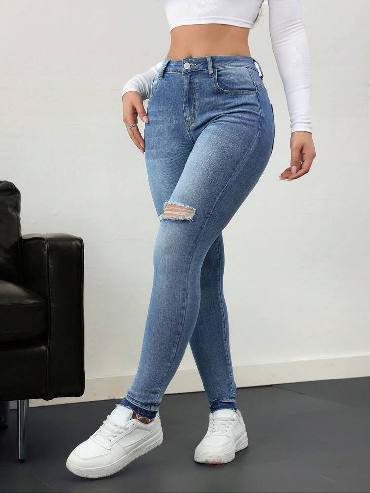SHEIN Essnce 女士休闲紧身牛仔裤 破洞弹力 蓝色 - 中等水洗藍 - 查看 4