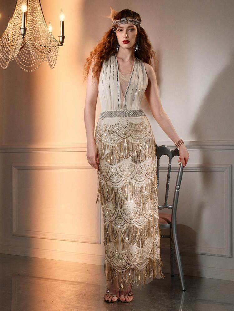 The Great Gatsby x MOTF RHINESTONE AND SEQUIN DETAIL SLIM FIT LONG DRESS
