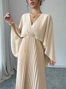 Chiquease 女式纯色 V 领交叉裹身褶皱长袖休闲连衣裙 - 杏色 - 查看 6