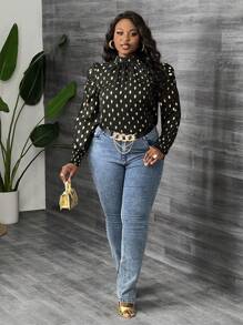 Slaydiva Damen Große Größen Metallic Folie Langarm Shirt mit elastischem Bund für den Herbst - Schwarz - Übersicht 1