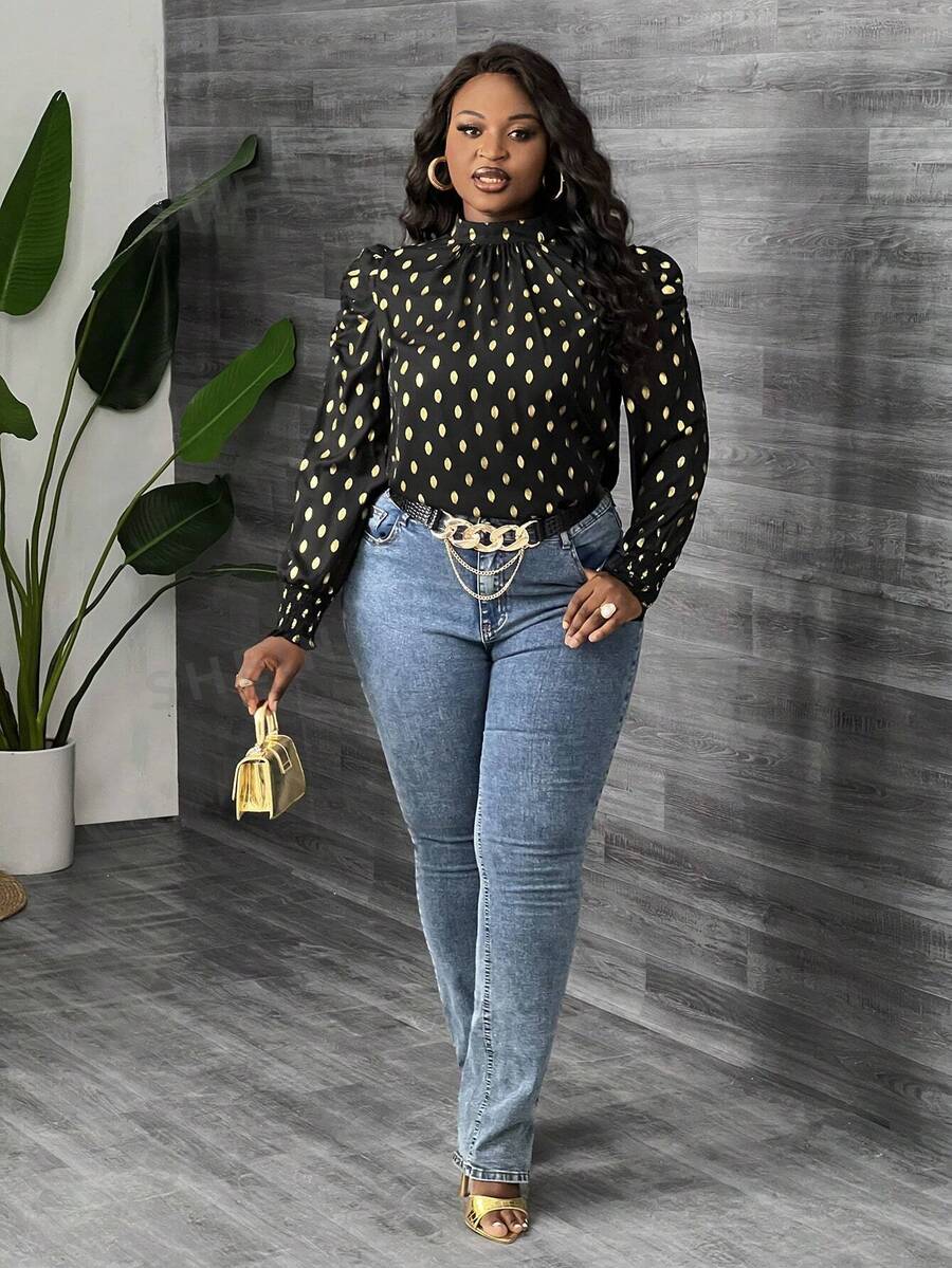 Slaydiva Damen Große Größen Metallic Folie Langarm Shirt mit elastischem Bund für den Herbst - Schwarz - Übersicht 1