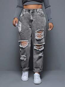 SHEIN EZwear Plus Size Front Button Pocket Distressed Minimalist Denim Jeans, Casual Daily Wear - Light Grey - View 1