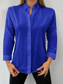 Cottnline Solid Drop Shoulder Button Front Shirt - Royal Blue - View 4