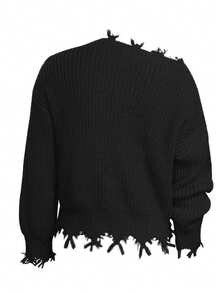 ii Plus Size Casual Solid Color Long Sleeve Fringe Trim Simple Pullover Sweater For Women, For Winter - Black - View 2