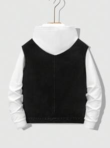 SHEIN 青少年男童时尚休闲复古黑色牛仔内衬保暖舒适翻领无袖夹克，适合感恩节、日常穿着以及秋冬季穿着。 - 黑色 - 查看 4