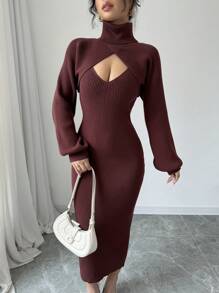 Rafferiza V-Neck Sleeveless Sweater Dress + High Neck Cropped Lantern Sleeve Pullover Sweater Set - Rust Brown - View 7