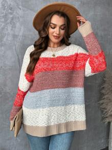EMERY ROSE Plus Size Casual Home Warm Loose Drop Shoulder Sleeve Colorful Color Block Spliced Fuzzy Autumn Winter Knit Pullover Sweaterfall Women Clothes,Western Woman Attire,Winter Clothes