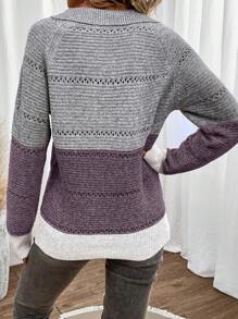 SHEIN LUNE Solid Color Patchwork Long Sleeve Minimalist Sweater, Casual Everyday Wear - Multicolor - View 2
