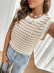 SHEIN Frenchy Chaleco de punto sin mangas con cuello redondo, espalda con lazo y diseño de rayas para mujer, casual para uso diario