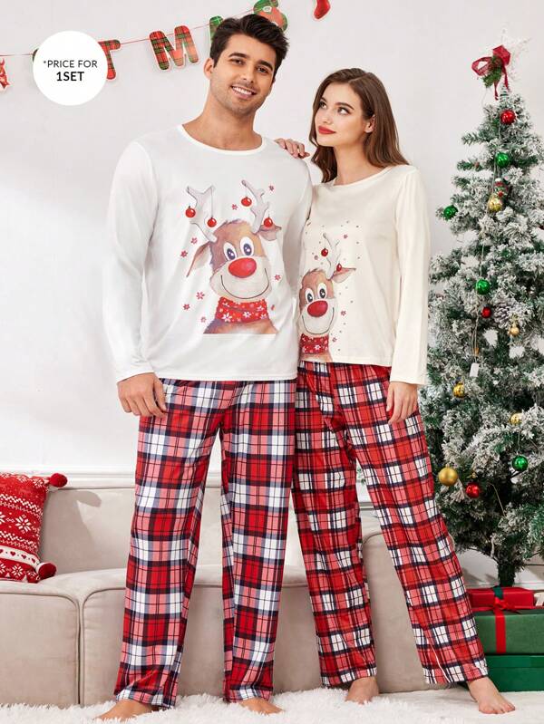 Manfinity CoupledUp Herren lustiger Cartoon Rentier Karomuster Weihnachts-Pyjama Set, Herbst Winter Kleidung