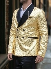 Calvornis Men's Contrast Color Sequin Decorated Long Sleeve Top And Solid Color Pants Suit - Yellow - View 1