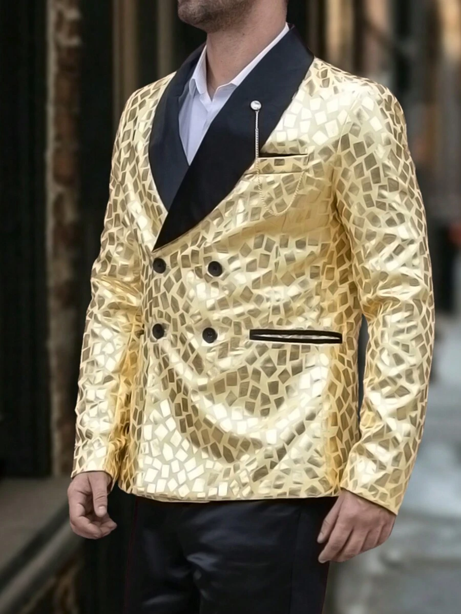 Calvornis Men's Contrast Color Sequin Decorated Long Sleeve Top And Solid Color Pants Suit - Yellow - View 1