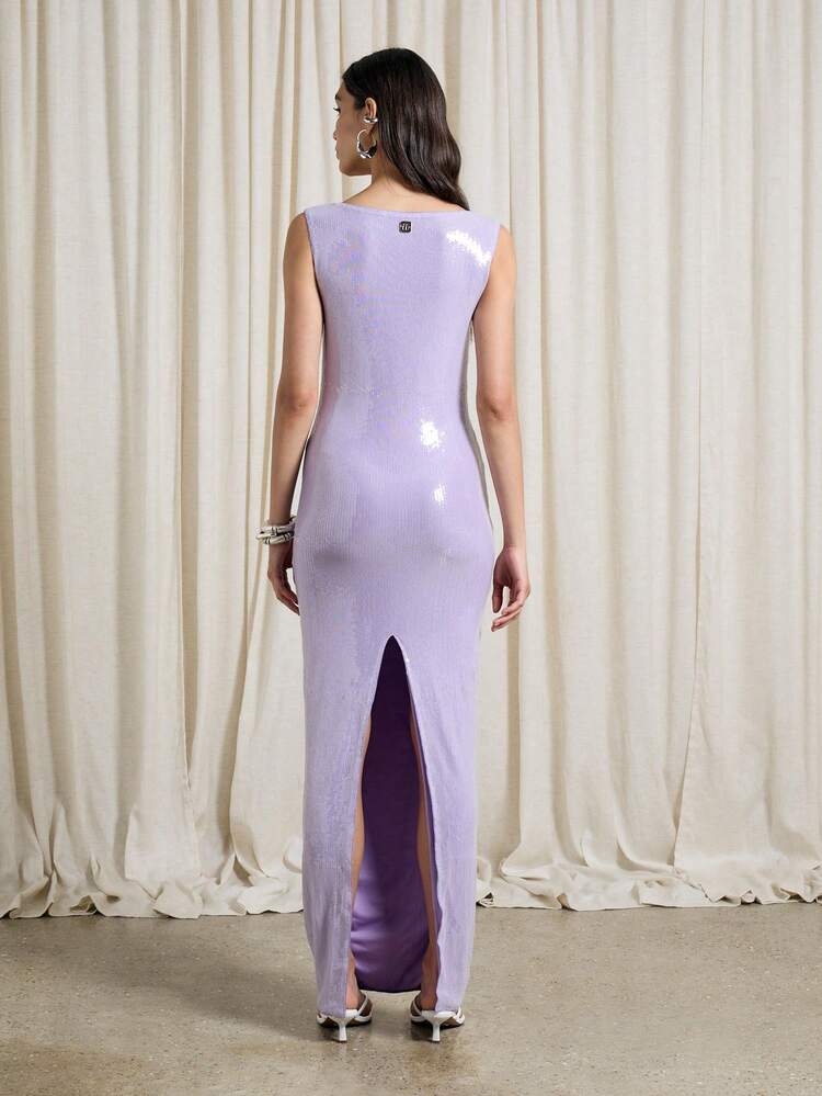 Sequinned Square Neck Fitted Bodycon Back Slit Maxi Dress