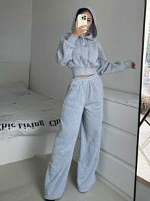Aloruh 2 件套女式套头抽绳短款连帽衫和宽松运动裤休闲装 - 灰色 - 查看 4