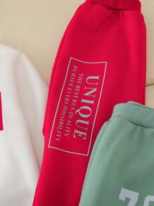 SHEIN 2 件装年轻男孩字母印花保暖内衬圆领运动衫和休闲厚裤套装，秋冬 - 白色 - 查看 8