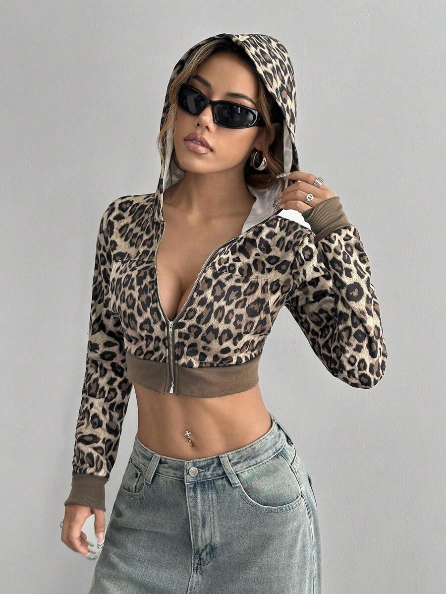 SHEIN Unity Women's Leopard Print Hooded Zipper Long Sleeve Sweatshirt Fall Sweatshirt - Multicolor - View 1