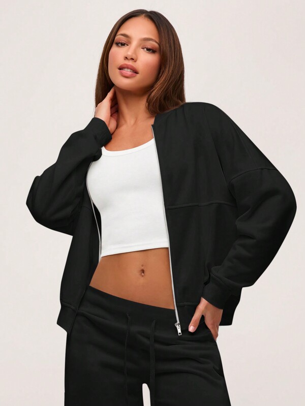 SHEIN BASICS Jachetă lejeră, cu mânecă lungă, tricotată, de culoare solidă, cu guler lung
