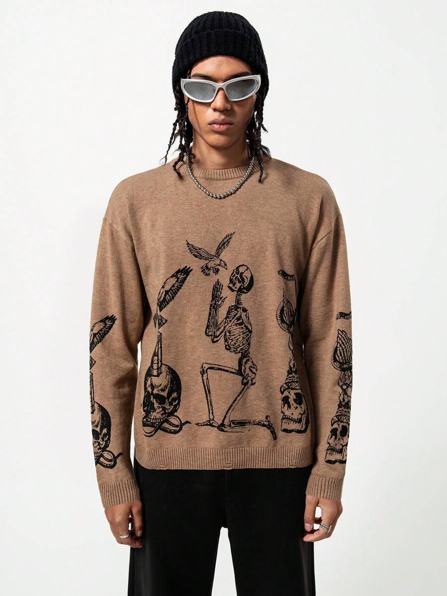 Teen Boys' Khaki Skull Print Pullover Sweater - Khaki - View 1