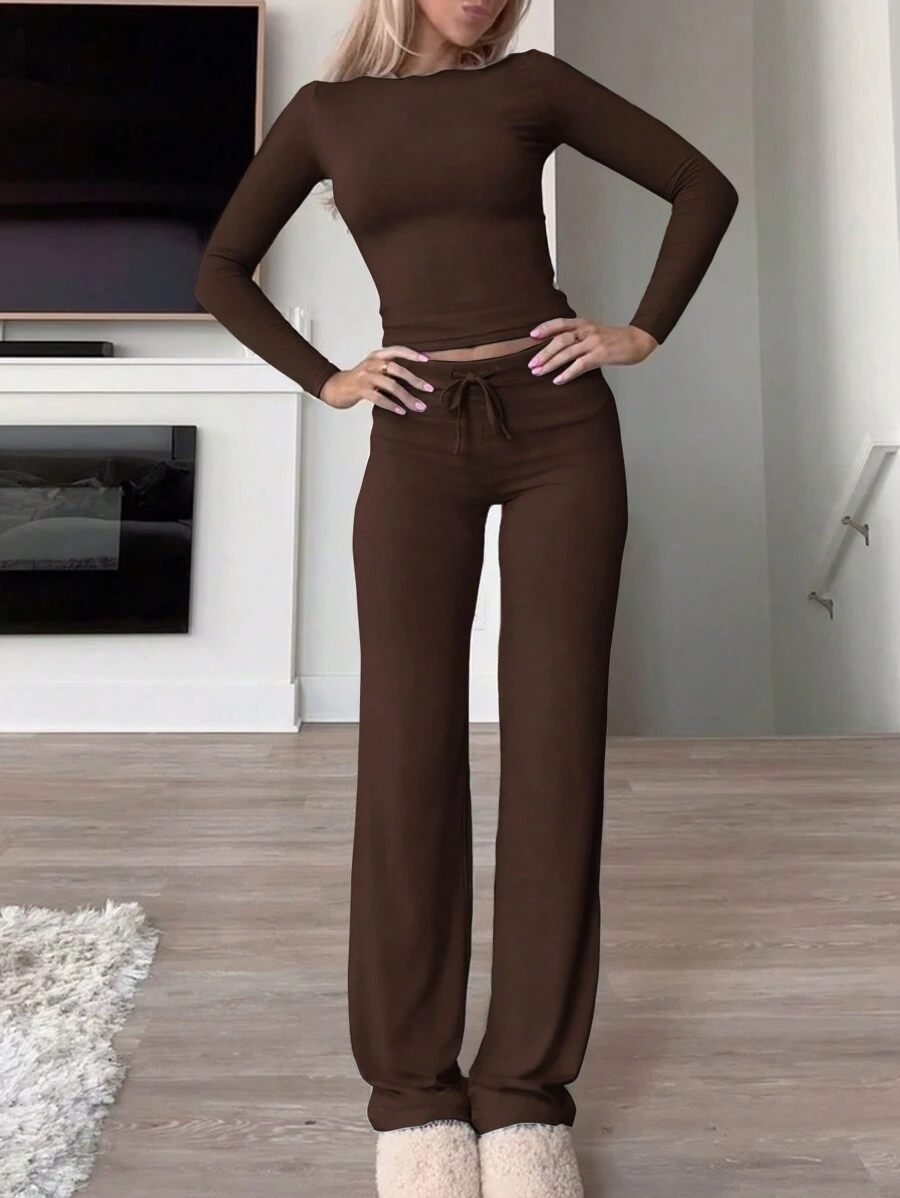 2pcs/Set Women Solid Color Long Sleeve T-Shirt And Pants Suit - 棕色 - 查看 1