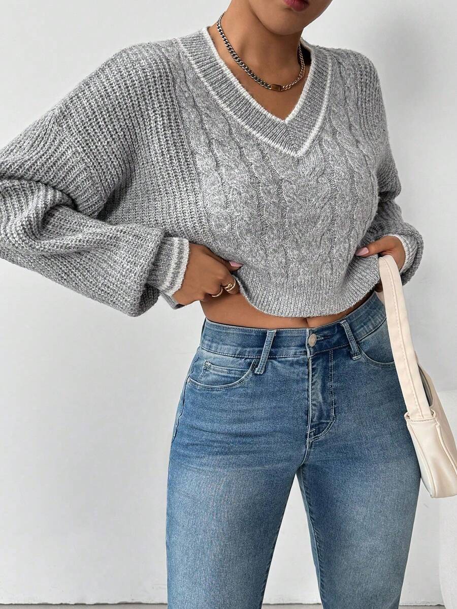 Chiquease Áo len nữ cổ chữ V tay dài viền sọc dáng rộng thoải mái, áo len dệt kim mùa thu đông - Màu Xám nhạt - Xem 1