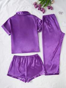 LuxeNights Conjunto de pijama de 3 piezas de unicolor de talla grande de satén sintético, conjunto de ropa - Morado - Ver 2