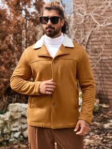 Manfinity Homme Chaqueta casual de una sola hilera de botones con cuello de solapa y mangas largas de color block para hombres, de gamuza, para otoño e invierno, chaqueta de hombre, cálida y esponjosa para el invierno, regalo para el novio, chaqueta cálida de salida en color caqui - Mostaza Amarilla - Ver 4