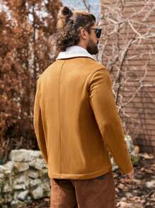 Manfinity Homme Chaqueta casual de una sola hilera de botones con cuello de solapa y mangas largas de color block para hombres, de gamuza, para otoño e invierno, chaqueta de hombre, cálida y esponjosa para el invierno, regalo para el novio, chaqueta cálida de salida en color caqui - Mostaza Amarilla - Ver 6