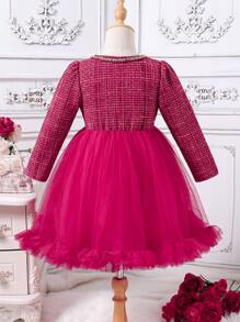 Young Girl Urban Red Tweed Contrast Mesh & Ribbon Accent Decorated Dress - Burgundy - View 2