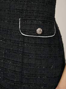 BizChic 女士纯色宽肩带简约撞色边饰口袋连衣裙秋季女装冬季女装 - 黑色 - 查看 4