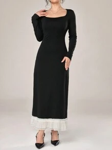 Modelyn Women's Solid Square Neck Elegant Long Sleeve Dress