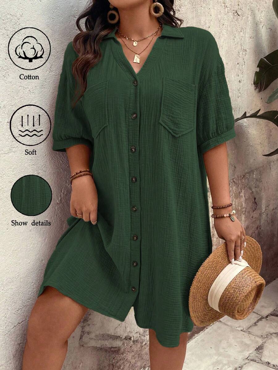 EMERY ROSE Plus Size Women's Summer Solid Color Drop Shoulder Pocket Loose Single-Breasted Casual Dress - Green - View 1