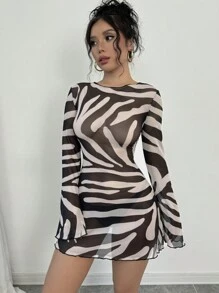 Firerie Vestido mini con mangas acampanadas, estampado de cebra transparente, espalda descubierta y cordones, elegante y sexy para vacaciones, escuela y temporada