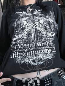 بلوزة بلوزة كبيرة بياقة دائرية وأكمام طويلة بطبعة جوتية Cyber Y2K للنساء، ملابس الشارع