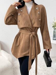 Modelyn Chaqueta elegante de manga larga con solapa decorada con botón de metal de unicolor, regular, para otoño/invierno - Caqui - Ver 3