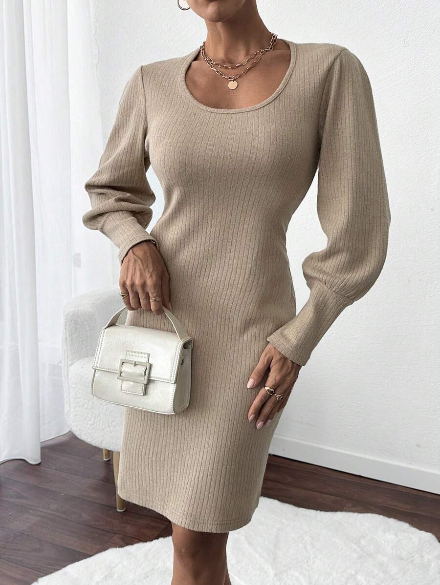 RueChic Casual Style, Soft Touch Rib Quality Midi Dress - Camel - View 1